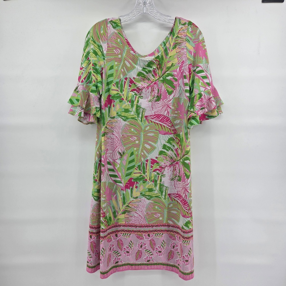 Pappagallo Tropical Palm Shift Dress L Pink Green Ruffle Sleeve Coastal Boho